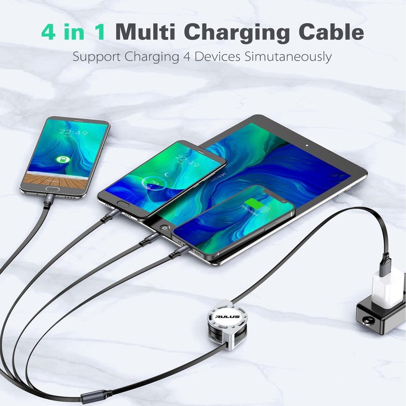 RULUS 4 in 1 Multi Charging Cable [2Pack 4Ft], Retractable Multi Fast Charger Cable Adapter Travel Charger for Multiple Devices with Lightning/Type C/Micro USB Ports for iPhone/Samsung Galaxy/Tablets/More - Image 2